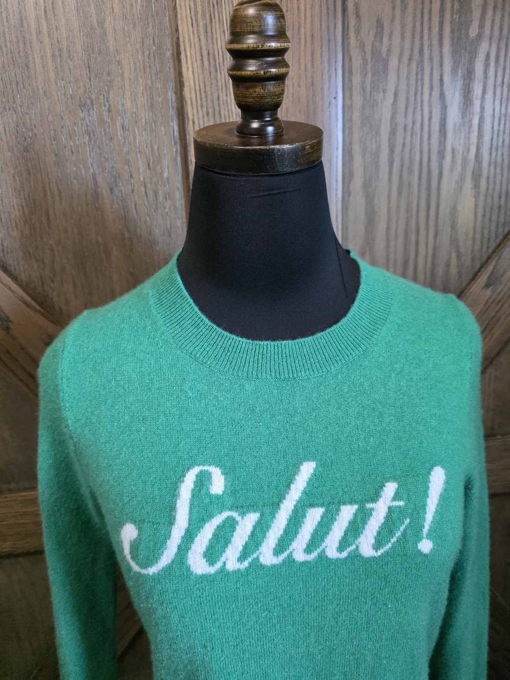 J. Crew Cashmere Green Crewneck Sweater with White "Salut!" Script - Picture 2 of 4